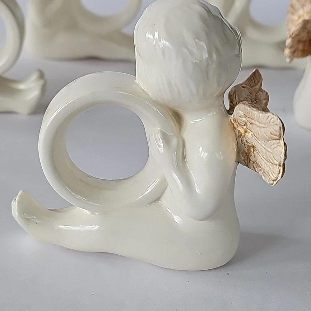 Vtg Victorian Cherub Angel Gold Wing Napkin Holder Ring‎ Set 5 Cottagecore 1925